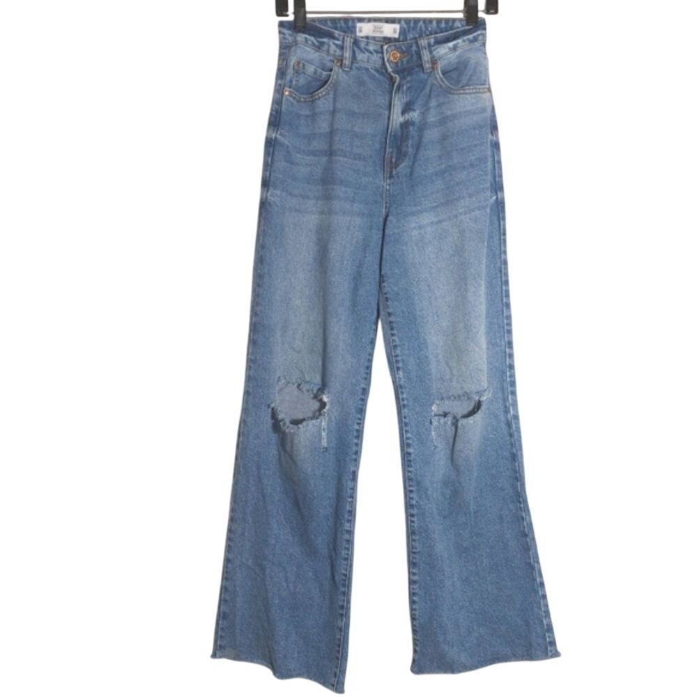 Denim Collection Lefties European Distressed High Waist Wide Leg Jeans 26 EUC